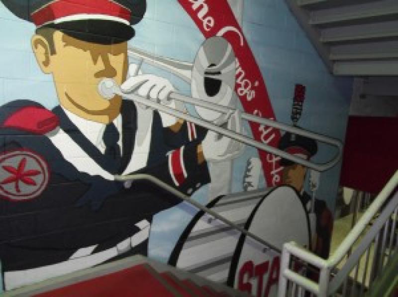 OSU Band Mural by artist Matt Adams appears in the stairwell leading to the Joan Zeig Steinbrenner Band Center.