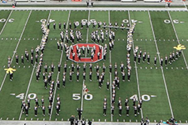 The marching band makes a SpongeBob SquarePants formation at Ohio Stadium