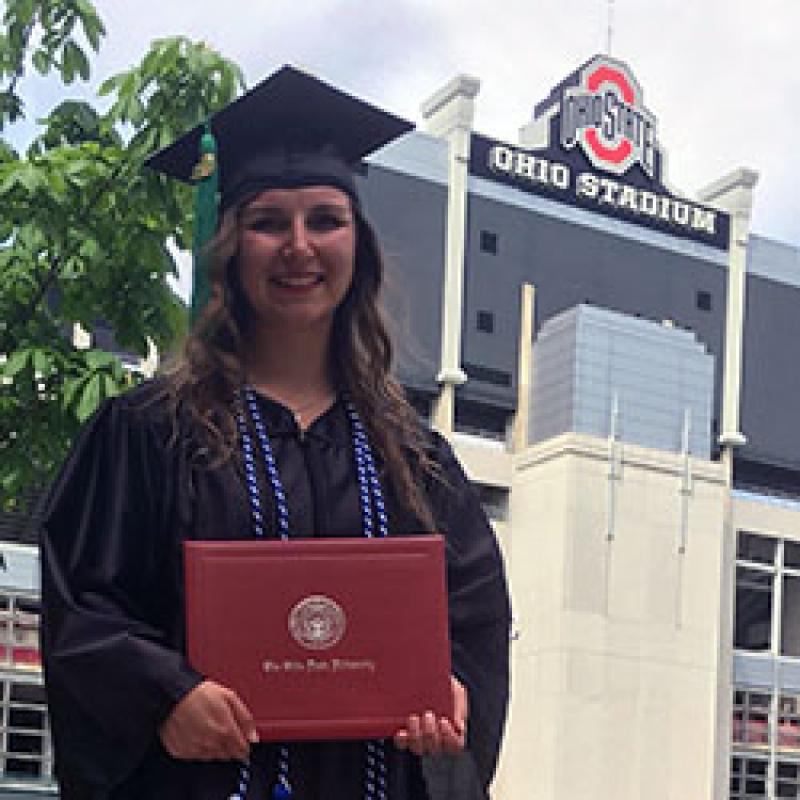 Haley Rohaley in cap and gown Haley Rohaley in cap and gown after earning her Ohio State degree in Spring 2018
