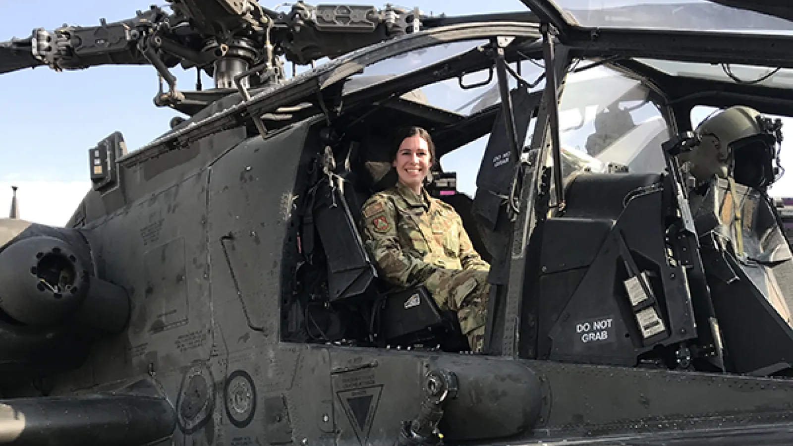 Sarah Wood in a helicopter