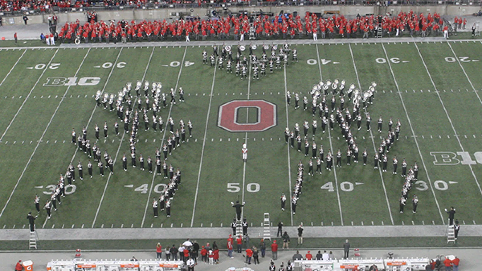Ohio State Marching Band in line dancer formation