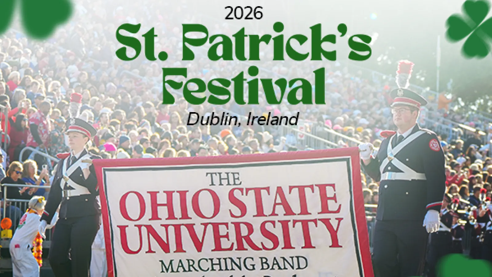 ohio state marching band banner with 2026 st. patrick's festival logo