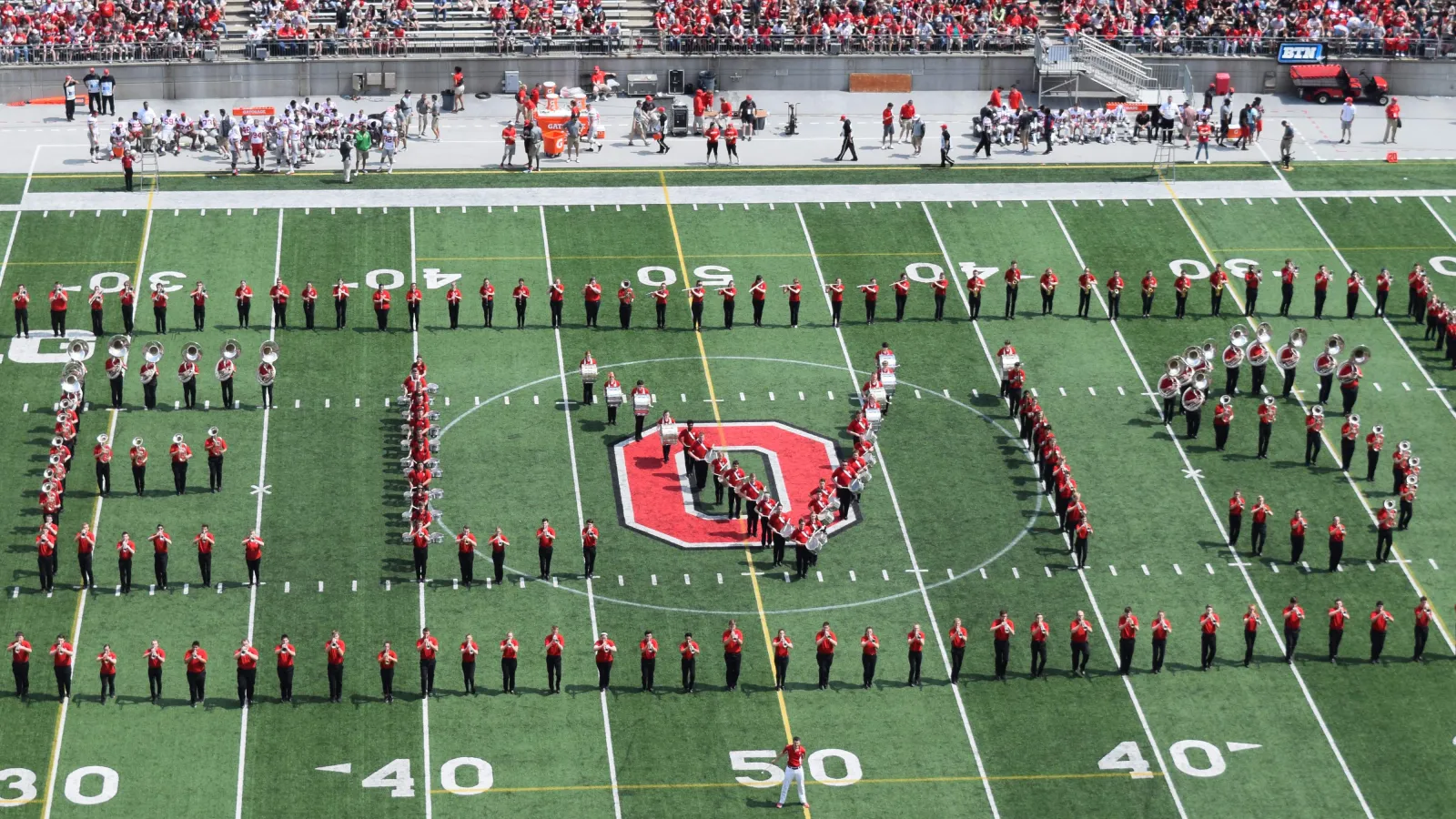 The Ohio State University Athletic Band spells out "Elvis" at the Spring Game