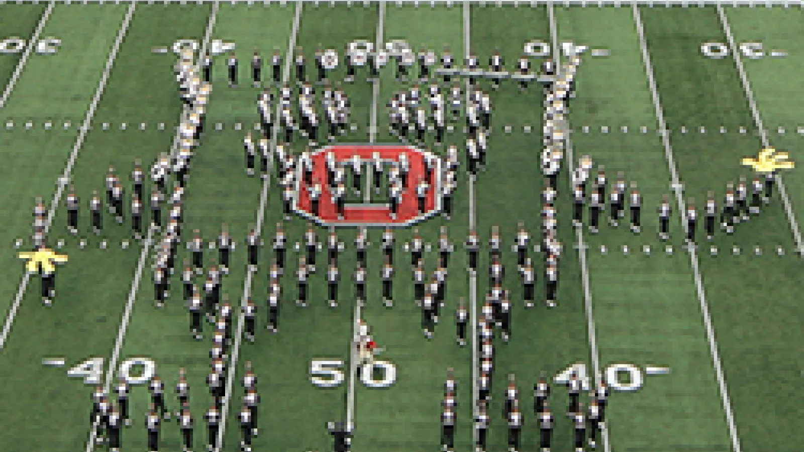 The marching band makes a SpongeBob SquarePants formation at Ohio Stadium
