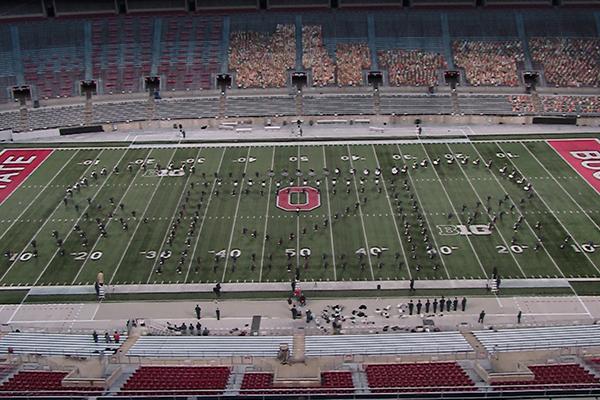 Marching band in check mark formation