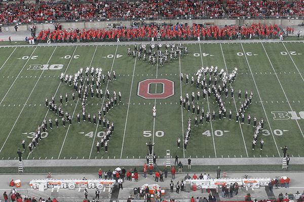 Ohio State Marching Band in line dancer formation