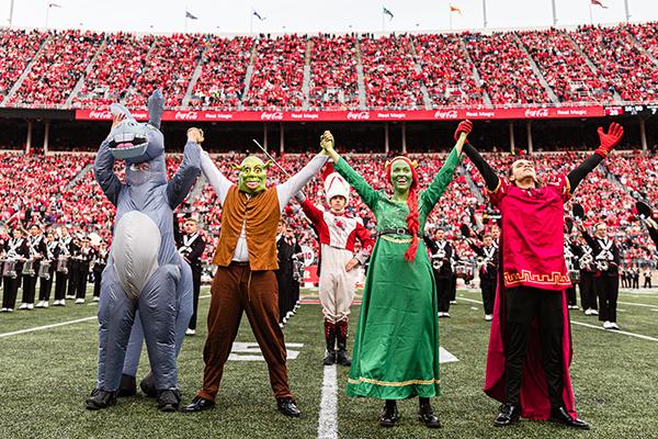 Members of The Ohio State Marching Band dressed as characters from Shrek