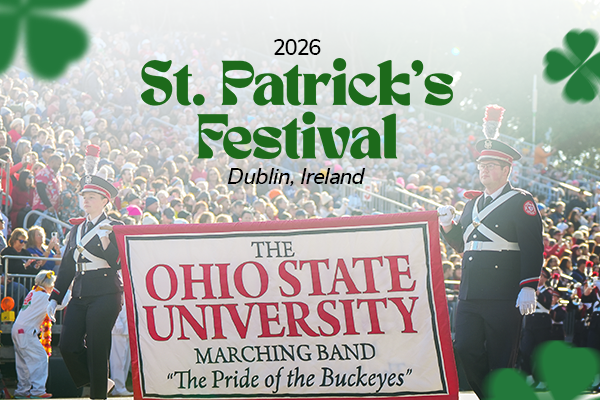 ohio state marching band banner with 2026 st. patrick's festival logo