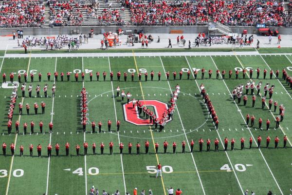 The Ohio State University Athletic Band spells out "Elvis" at the Spring Game