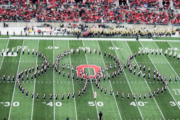 The Ohio State Marching Band marches in "Olympic Spirit" show