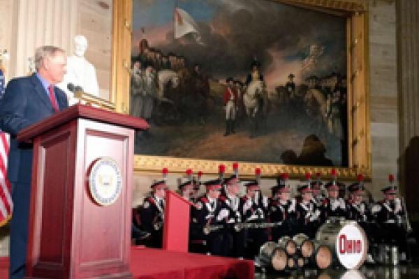 Ohio State Marching Band members wait during the Congressional Honor Ceremony.